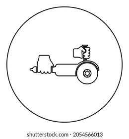 Surface grinder in hand tool in use Arm Electric circular saw angle with discs hand-held Bulgarian Polisher sander machine for treatment cutting icon in circle round black color vector illustration