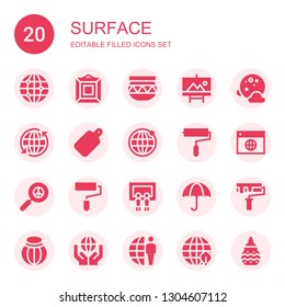 surface icon set. Collection of 20 filled surface icons included Earth grid, Painting, Pottery, Full moon, Cutting board, Paint roller, Pacifism, Wet protect