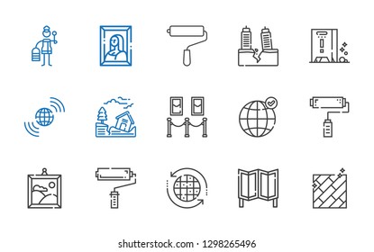 surface icons set. Collection of surface with floor, room divider, earth grid, paint roller, painting, earthquake, wet floor, wooden. Editable and scalable surface icons.