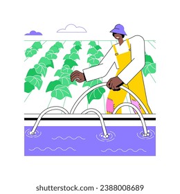 Surface irrigation systems isolated cartoon vector illustrations. Farmer installs irrigation systems, agribusiness worker, agricultural input sector, sprinkling equipment vector cartoon.