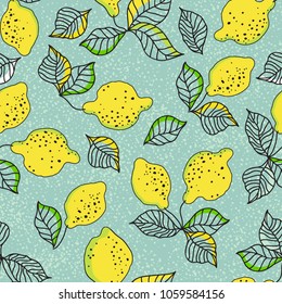 Surface lemon design pattern.Bright and juicy seamless vector pattern with lemons.Seamless background with yellow lemon and leaves.