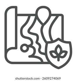 Surface map with location pin, ecology emblem line icon, eco tourism concept. Vector graphics. Map with safety emblem sign on white background, outline style icon for mobile or web design