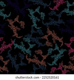 Surface with meadow flowers and herbs. Dark violet background Hand drawn plants.