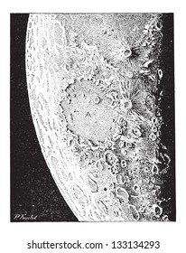 Surface of the Moon, showing numerous volcanic craters and impact craters, vintage engraved illustration. Dictionary of Words and Things - Larive and Fleury - 1895