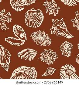 Surface ocean seamless pattern, vector doodle sea shell hand drawn texture, nautical whimsical background. Coastal summer elegant repeat decor print, marine textile surface design. Underwater ocean pattern