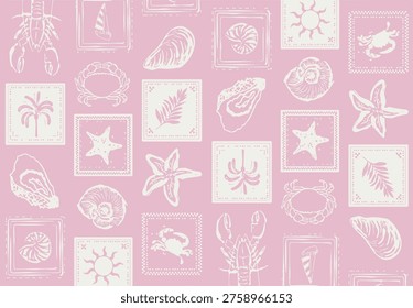 Surface ocean seamless pattern, vector doodle sea shell hand drawn texture, nautical whimsical background. Coastal summer elegant repeat decor print, marine textile surface design. Underwater ocean pattern