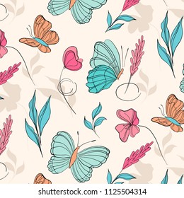 Surface pattern with beautiful butterflies and flowers. Botanical gift wrap. Macro nature tropical cover print. Nature sketch in pastel colors for textile, cloth, covers.