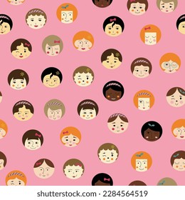 Surface pattern, beautiful girlish faces. Seamless texture, female face. Simple cute shapes, flat vector
