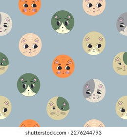 Surface pattern, black eyes cats. Backdrop design, round kitty face. For wrapping paper, textile, branding

