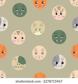 Surface pattern, black eyes cats. Repeating print, round cat muzzle. Bright colorful composition
