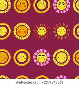 Surface pattern, cheery suns. Continuous background, sun rays. Seamless design for stationery, branding
