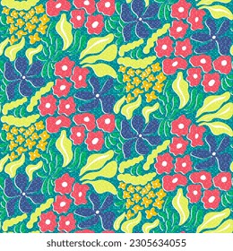 a surface pattern design with abstract shapes and textured risographe effect is a visually striking artwork. Fluid, organic shapes layered with multiple colors create a bold and subtle look.