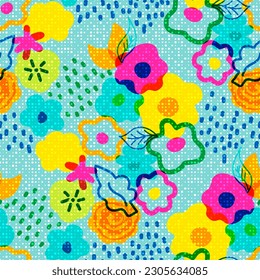 a surface pattern design with abstract shapes and textured risographe effect is a visually striking artwork. Fluid, organic shapes layered with multiple colors create a bold and subtle look.