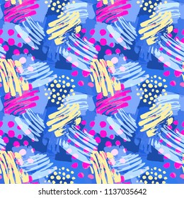 Surface pattern design, graffiti seamless hand craft expressive ink hipster pattern.Grunge urban dynamic expressive bright painting.Print for textile,apparel, wrapping paper.