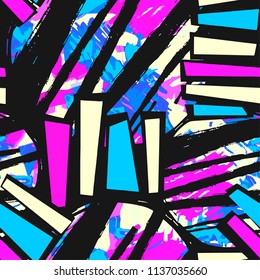 Surface pattern design, graffiti seamless hand craft expressive ink hipster pattern.Grunge urban dynamic expressive bright painting.Print for textile,apparel, wrapping paper.