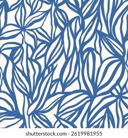 Surface pattern design with hand drawn simple leaves and foliage. Artistic botanical background. Linear vector seamless pattern. Nostalgic vintage allover print.