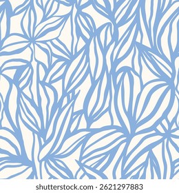 Surface pattern design with hand drawn simple leaves and foliage. Artistic botanical background. Linear vector seamless pattern. Nostalgic vintage allover print.