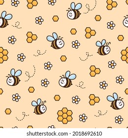 Surface pattern design with honeybee, daisy, honeycomb. Beautiful background in cartoon style. Print for stationery supplies, decor, textile, packaging, wrapping paper etc.