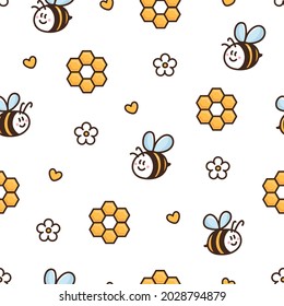 Surface pattern design with honeybee, daisy, honeycomb, heart. Beautiful background in cartoon style. Print for stationery supplies, decor, textile, packaging, wrapping paper etc.