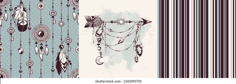 Surface pattern design set in boho style. Vector illustration graphic with arrow, feathers, beads. Seamless pattern and print collection