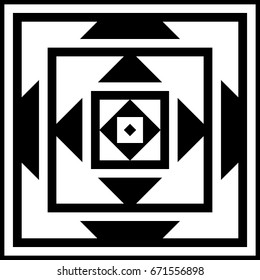 Surface pattern design with squares, triangles, rhombuses. Black polygons abstract. Ethnic embroidery background. Mandala wallpaper. Carpet motif. Digital paper with ancient ornament. Vector image.