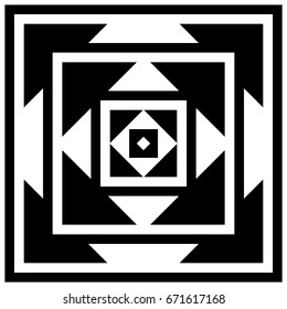 Surface pattern design with squares, triangles, rhombuses. Black polygons abstract. Ethnic embroidery background. Mandala wallpaper. Carpet motif. Digital paper with ancient ornament. Vector image.