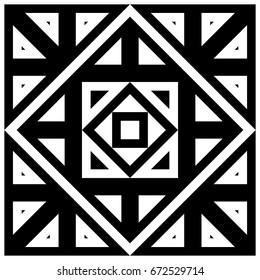 Surface pattern design with squares, triangles, rhombuses. White polygons abstract. Ethnic embroidery background. Mandala wallpaper. Carpet motif. Digital paper with ancient ornament. Vector image.