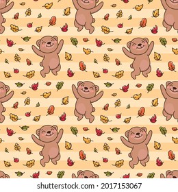 Surface pattern design with teddy bear throws autumn leaves. Childish background in cartoon style. Print design for stationery supplies, decor, textile, packaging, wrapping paper etc.
