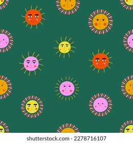 Surface pattern, joyous suns. Repeating print, summer sunset. Bright colorful composition
