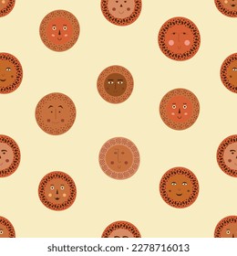 Surface pattern, optimistic abstract faces. Repeating print, male bizarre image. Bright colorful composition
