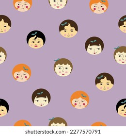 Surface pattern, pleasant girlish faces. Continuous print, woman portrait. Abstract colorful background design
