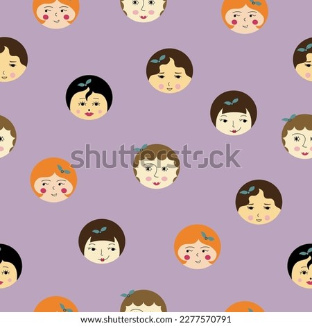 Surface pattern, pleasant girlish faces. Continuous print, woman portrait. Abstract colorful background design
