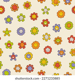 Surface pattern, positive flowers. Seamless texture, floral small figure. Simple cute shapes, flat vector
