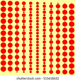 Surface pattern with symmetric geometric ornament. Round spots texture. Red circles abstract on yellow background. Polka dot motif. For digital paper, textile print, web design. Vector illustration