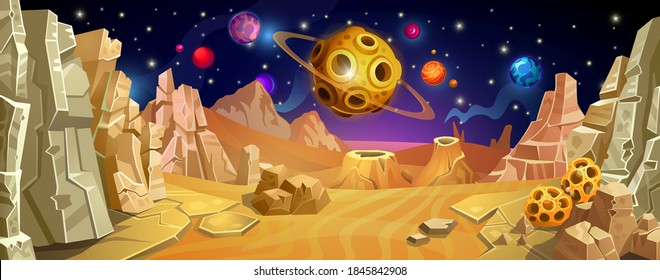 Oberfläche des Planeten mit einer sandigen und felsigen Landschaft. Blick von Asteroiden auf Raum.