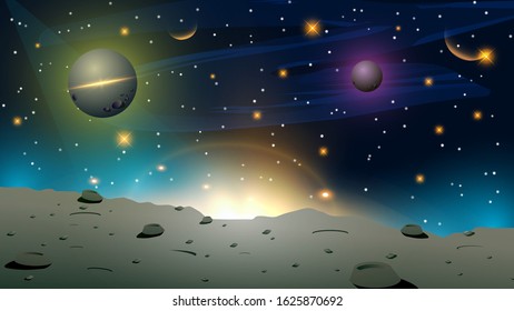 surface of a planet with stones and craters, dark sky with stars, space objects, nebula and flashes of light. galactic landscape. author's drawing. vector

