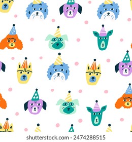 Surface seamless pattern design cute faces dogs. Gift wrapping, wallpaper stationery paper