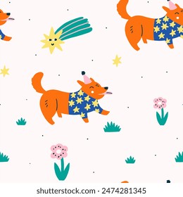 Surface seamless pattern design funny dog. Gift wrapping, wallpaper stationery paper