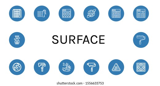 surface simple icons set. Contains such icons as Rope ladder, Paint roller, Tiles, Earth grid, Mars, Stones, Pothole, Tile, Pottery, can be used for web, mobile and logo
