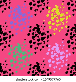 Surface texture brush stroke, ink, stains, abstract spots seamless vector pattern. Black, yellow, blue, pink, green and lilac colors.