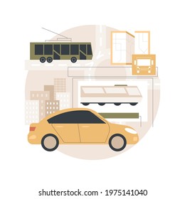 Surface transport abstract concept vector illustration. Road transport, movement of goods people, road or rail, truck on highway, roundabout traffic, car driving fast, bus stop abstract metaphor.