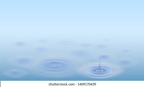The surface of the water and the circles on the water, raindrops falling into the water.