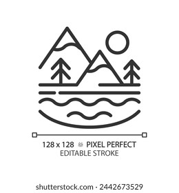 Surface water linear icon. Water body. Mountain landscape with lake. Outdoor scenery. Natural resources. Thin line illustration. Contour symbol. Vector outline drawing. Editable stroke. Pixel perfect