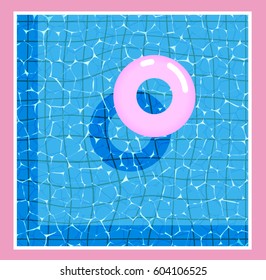 Surface of the water with a pink inflatable circle. Modern style trends 80. surreal hipster images. Template for banner, party. Vector illustration. 

