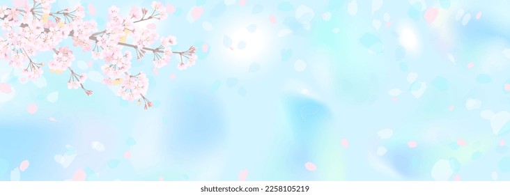 The surface of the water reflects the blurred sky, and the cherry blossoms bloom at the tips of the branches.