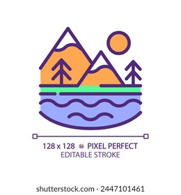 Icono de color RGB de agua superficial. Cuerpo de agua. Paisaje de montaña con lago. Paisaje exterior. Recursos naturales. Ilustración vectorial aislada. Dibujo de líneas rellenas simples. Trazo editable. Píxel perfecto