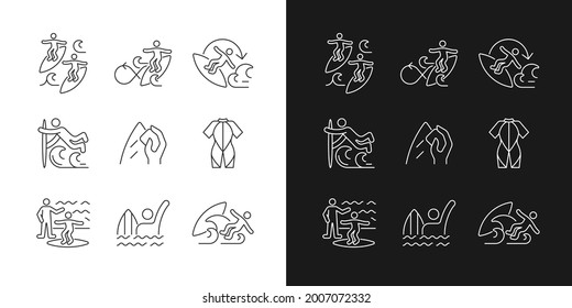 Surface water sport linear icons set for dark and light mode. Surfing with mate. Performing roundhouse cutback. Customizable thin line symbols. Isolated vector outline illustrations. Editable stroke