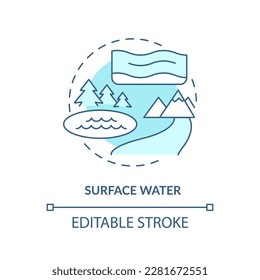 Surface water turquoise concept icon. River and lakes. Fresh water supply source abstract idea thin line illustration. Isolated outline drawing. Editable stroke. Arial, Myriad Pro-Bold fonts used