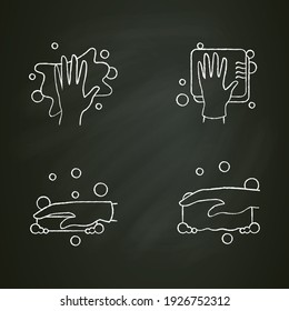 Surface wiping chalk icons set.Housekeeper hand in glove signs collection.Wet cleaning with sponge, soap.Housekeeping and surface disinfection concept.Isolated vector illustration on chalkboard