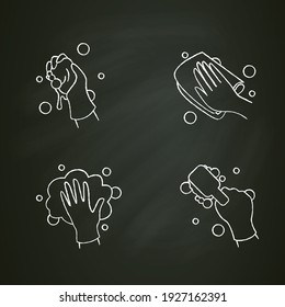 Surface wiping chalk icons set.Housekeeper hand pictogram collection. Wet cleaning with sponge, brush, napkin.Housekeeping and surface disinfection concept. Isolated vector illustrations on chalkboard